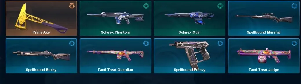 V71 //8 Skins - Solarex Phantom - Prime Axe - Solarex Odin - Spellbound Marshal - Spellbound Bucky - Tacti-Treat Guardian - Spellbound Frenzy - Tacti-Treat Judge