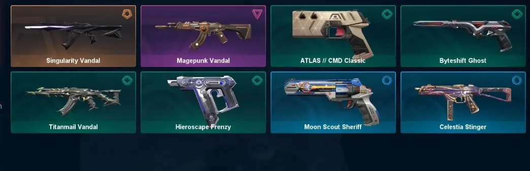 V69 //8 Skins - Singularity Vandal - Magepunk Vandal - Titanmail Vandal - Hieroscape Frenzy - Moon Scout Sheriff - ATLAS // CMD Classic - Byteshift Ghost - Celestia Stinger