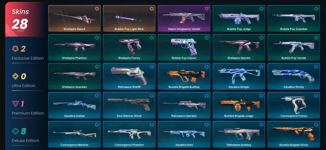 V75 //28 Skins - Bubble Pop Light Stick - Shellspire Sword - Gaia’s Vengeance Vandal - Bubble Pop Judge - Bubble Pop Guardian