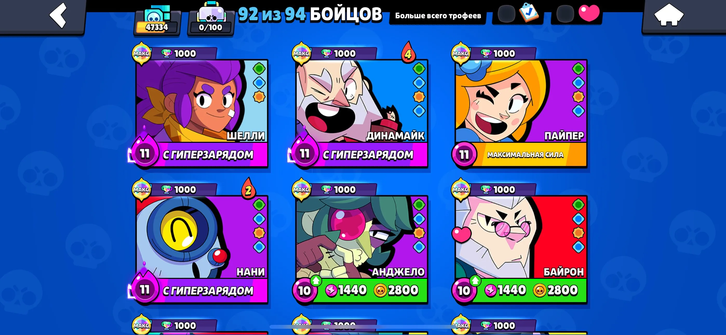 BS1575 //92 Fighters, 47K Trophies, 650 Gems, Huge Collection of Purchased Skins, Godzilla Bazz, Squad Busters Shelly, Monarch Riko