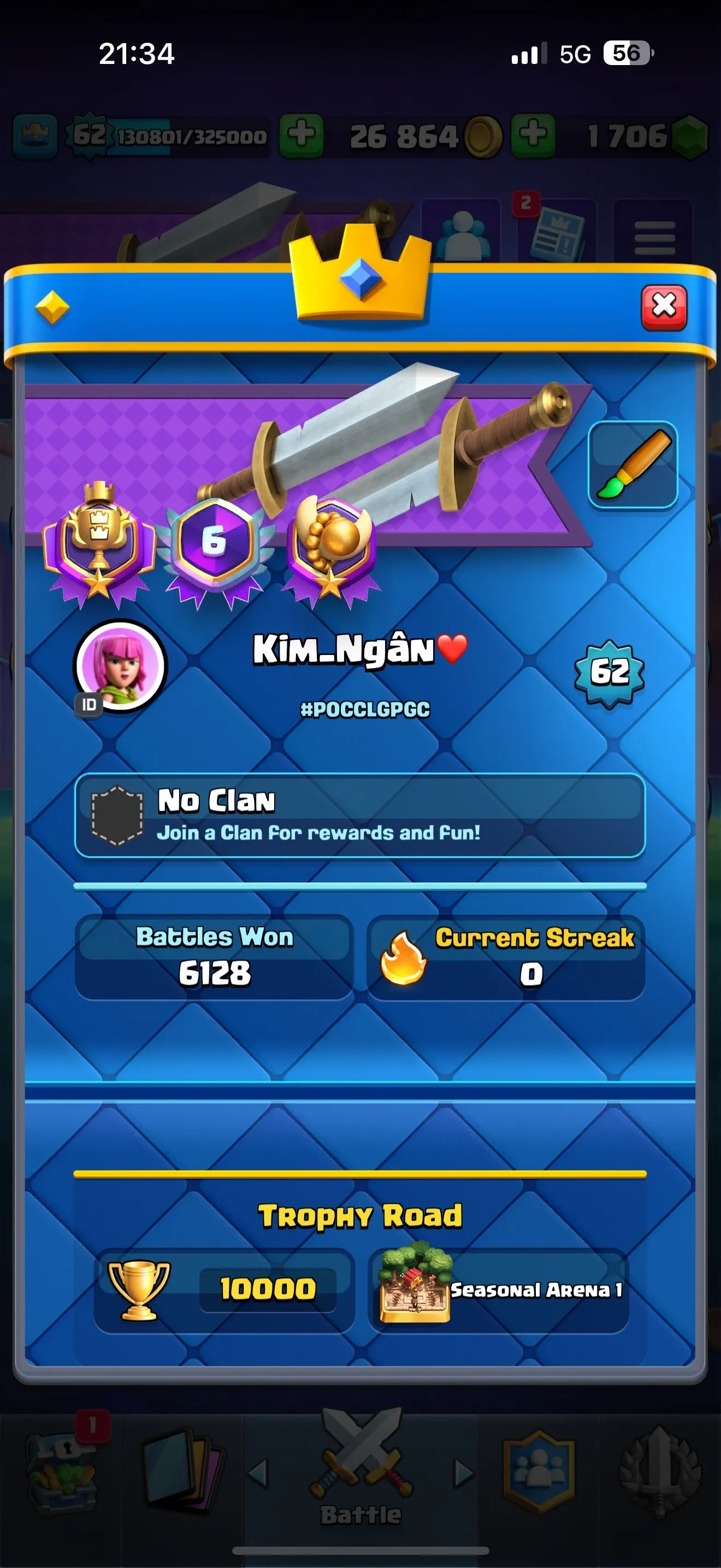 CR443 //36 Max Level Cards, 19 Evolutions, 131 Emotes, 10+ Tower Skins, 62 Account Level, 52K EWC, 1706 Gems