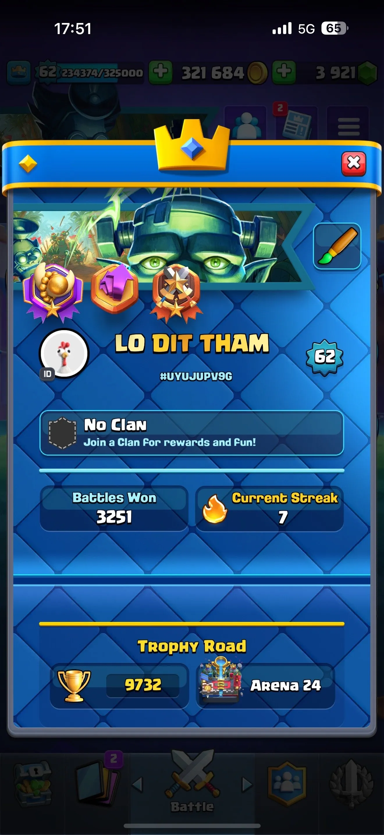 CR434 //9500 Trophies | Level 62 | 30 Evolution Cards | Pass Royale | Full Books | 3921 Gems | 39 Level 15 Cards | 41 Level 14 Cards | Arena 24 | 121 Emotes | Tower Skins Collection