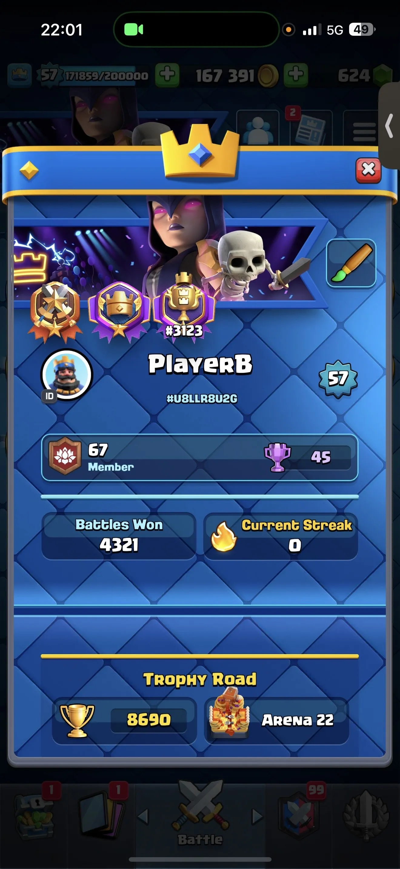 CR460 // 8600 Trophies | Level 57 | 20 Evolution Cards | 9 Tower Skins | 14 Cards Level 15 | 44 Cards Level 14 | 21 Legendary Cards | 61 Emotes | No Name Change