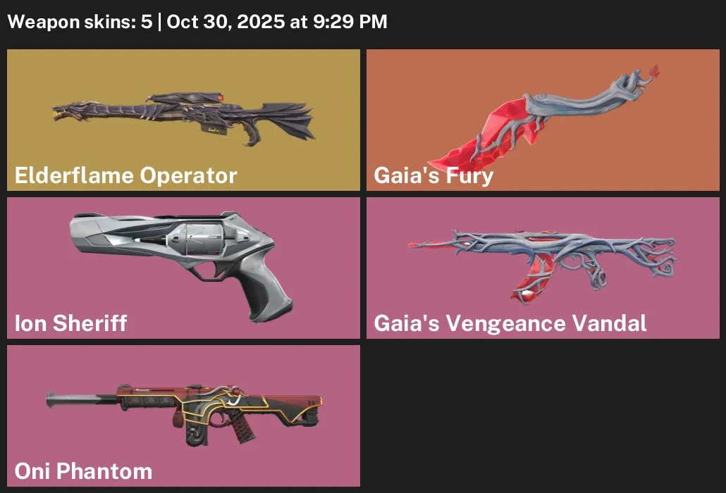 V57 //Elderflame Operator, Gaia's Fury, Gaia's Vengeance Vandal, Ion Sheriff, Oni Phantom | 5 Skins | 3 Agents | EU | Level 23