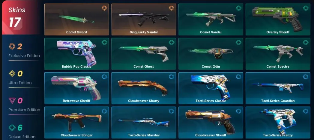 V73 //17 Skins - Comet Sword - Singularity Vandal - Comet Vandal - Overlay Sheriff - Bubble Pop Classic - Comet Ghost