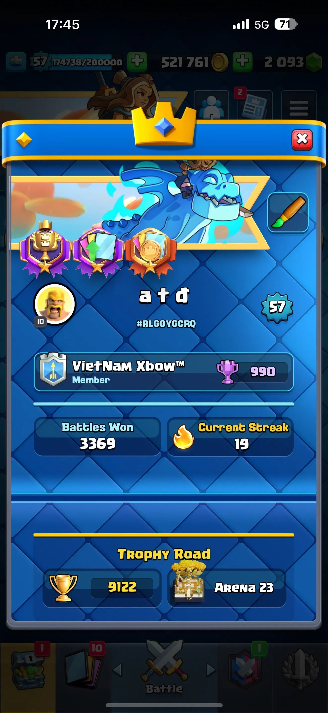 CR459 //Level 57, 9000 Trophies, 121 Cards, 21 Legendary Cards, 114K EWC, 9 Shard Evo, 500K Gold, 2K Gem, 15 Cards Lv15, 36 Cards Lv14, Name Change Available
