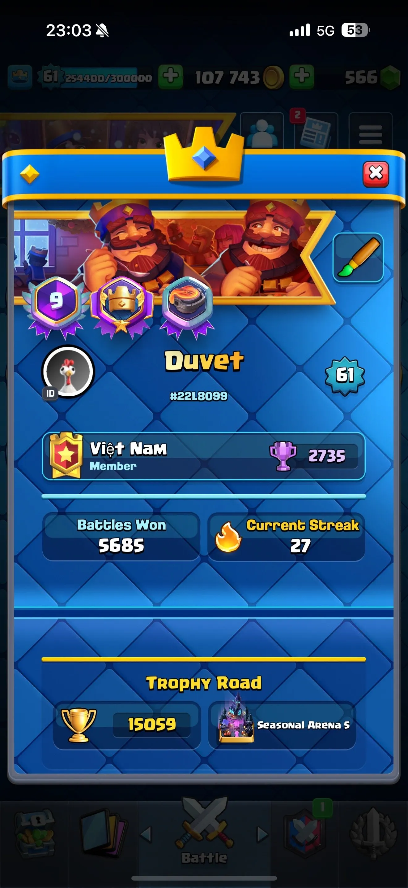 CR444 //10000 Trophies | Level 61 | 21 Evolution Cards | 4 Max Champion Cards | 34 LV15 Cards | 36 LV14 Cards | 3 Evolution Shards | No Name Change | 24 Arena | 120 Cards | 21 Legendary Cards