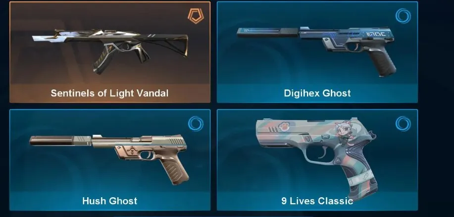 V70 //5 Skins - 300 VP - 23 Agents - Sentinels of Light Vandal - Digihex Ghost - Hush Ghost - 9 Lives Classic - Vendetta Ghost