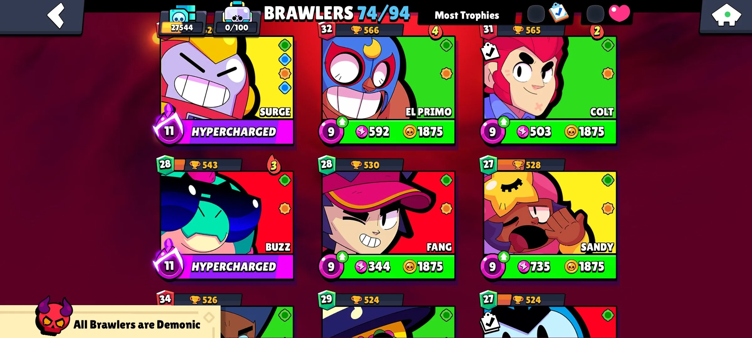 BS1824 //27.5k trophies, 74 brawlers, many hypercharged including Stu, Bibi, Piper, Dynamike, Mortis, Edgar, Surge, Buzz, Fang, Max, lots of rare and exclusive skins, 6k plus blings