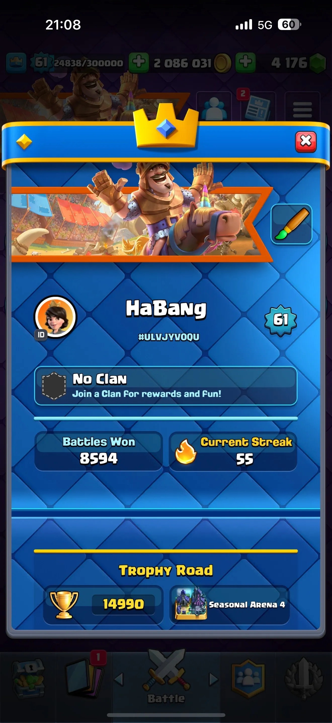 CR442 //Level 61 Account with 120 Cards, 21 Legendary, 19 Evolution Cards, Level 15 and 14 Cards, 368K EWC, 4,176 Gems, 10K+ Trophies, Arena 24, Name Change Available