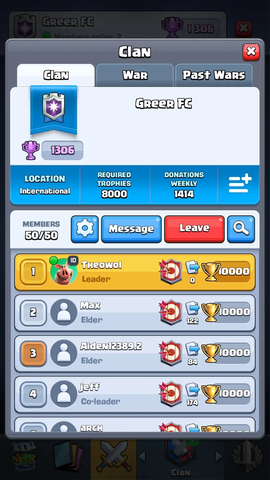 CR4991 //Elite Maxed Cards, Custom Banner, 15,000 Trophies, 57 King Level, Unique Emotes, 43 Emotes, Full Clan Leadership, 31 Banner Decorations, All Elite Cards Unlocked, All Cards Unlocked