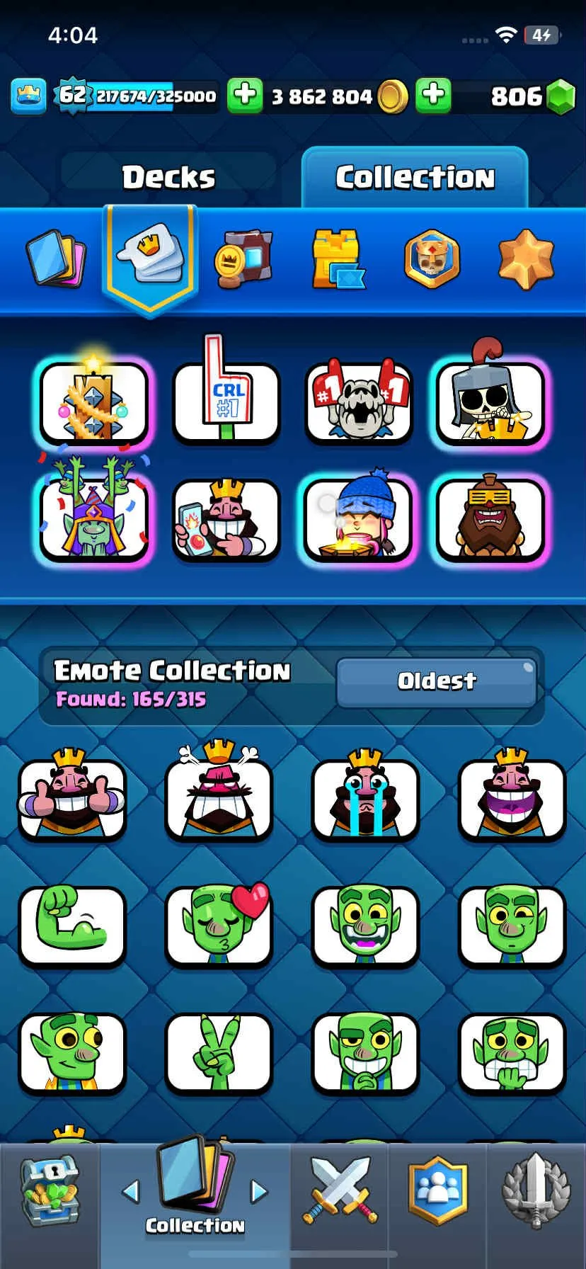 CR438 //Level 62 Account with 3.8M Gold, 21 Evolution Cards, 32 Elite Cards, 109 Maxed Cards, 100 Legendary Cards, and Rich Emotes Collection