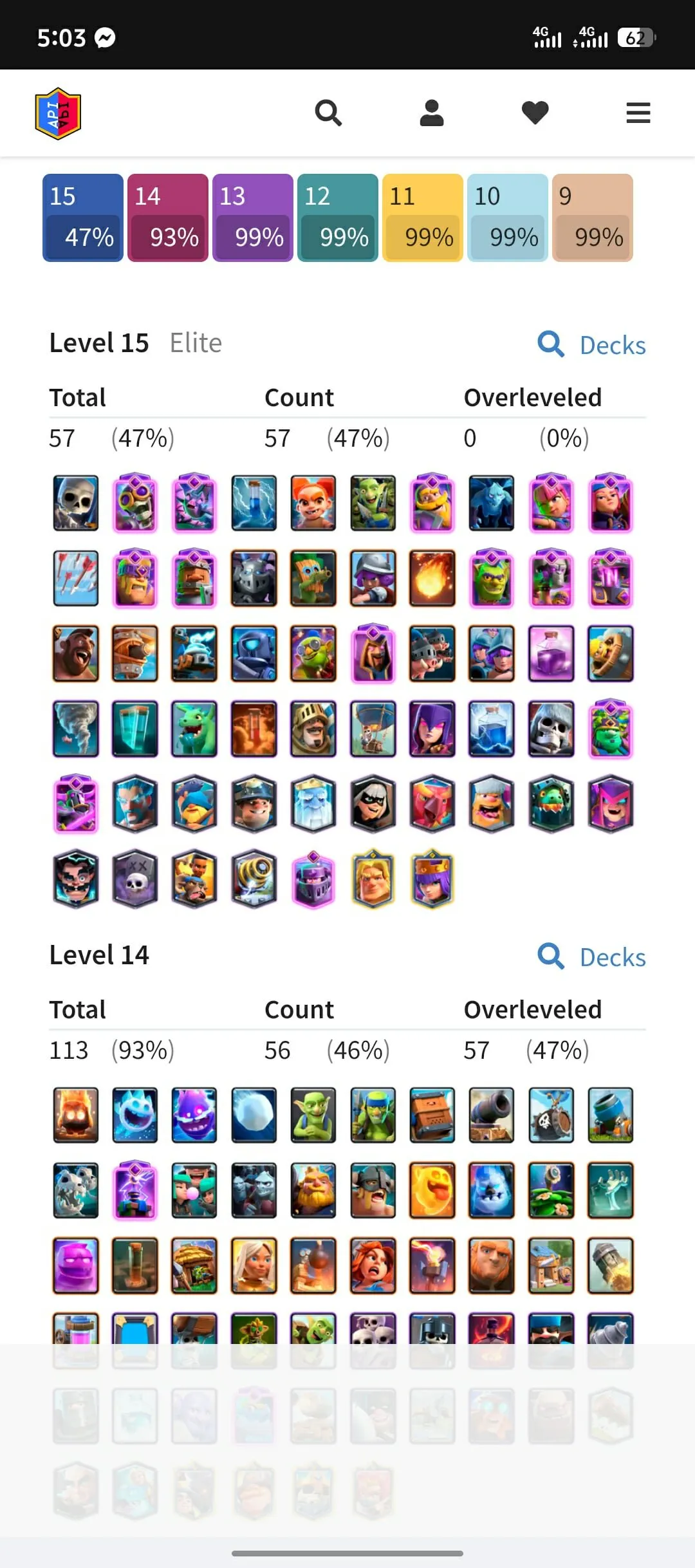 CR433 //16 Evolution Cards, 57 Elite, 113 Max Cards, 199 Emotes, LV65, Arena 65