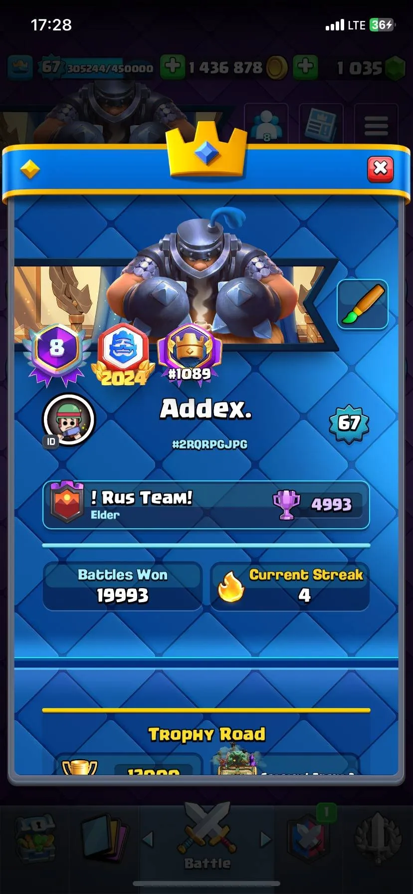 CR424 //Top Account | Level 67 | 18 Evolutions | 72 Cards Level 15 | 121 Cards Unlocked | Ultimate Champion