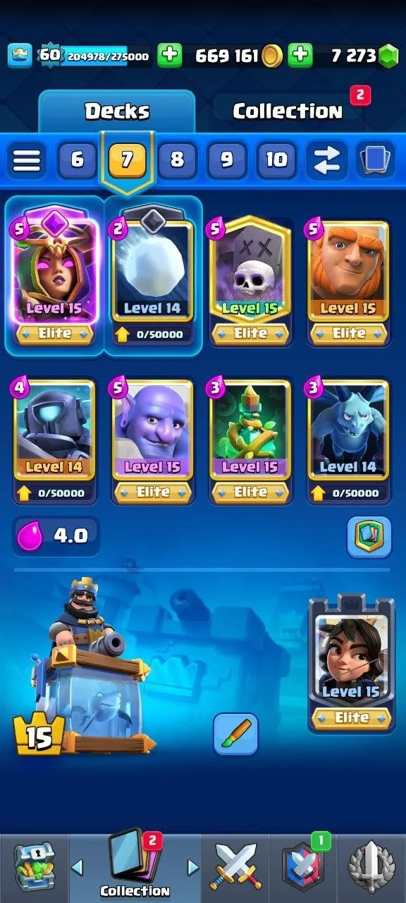 CR445 //Veteran | 9-Year Badge | 107 Max Cards | 16 Elite LV15 | 7 Evolution Cards | Free Name Change | 670K Gold | 7,200 Gems | Arena 15