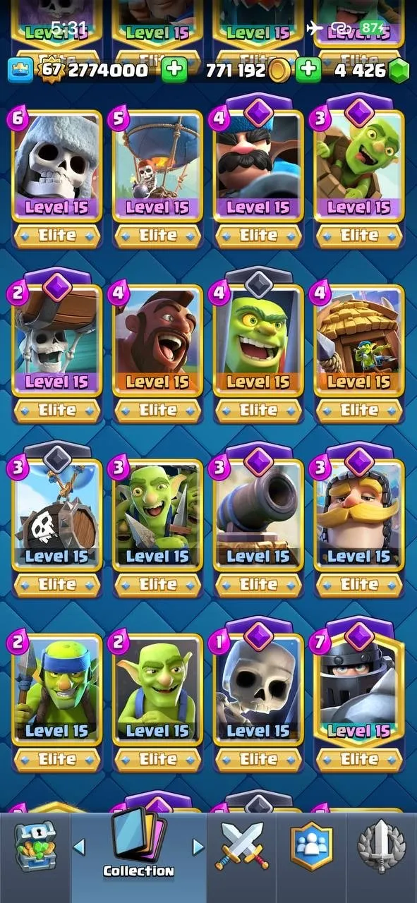 CR435 //Full Elite Max Account | 68 Elite Cards | 24 Evolution | 55 Level 14 Cards | 145 Emotes | All Magic Items Unlocked