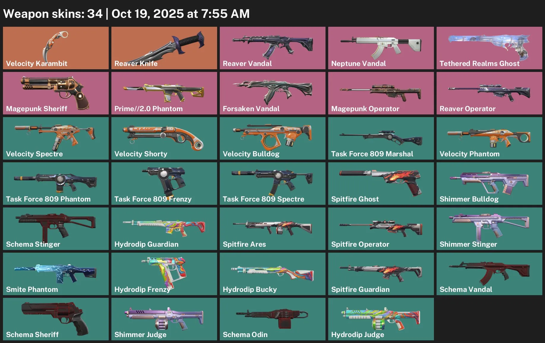 V47 //34 Skins, 17 Agents, Velocity Karambit, Reaver Knife, 3 Paid Vandals (Reaver, Neptune, Forsaken), Tethered Realms Ghost, Prime/2.0 Phantom, Magepunk Operator, Spitfire & Hydrodip Collections
