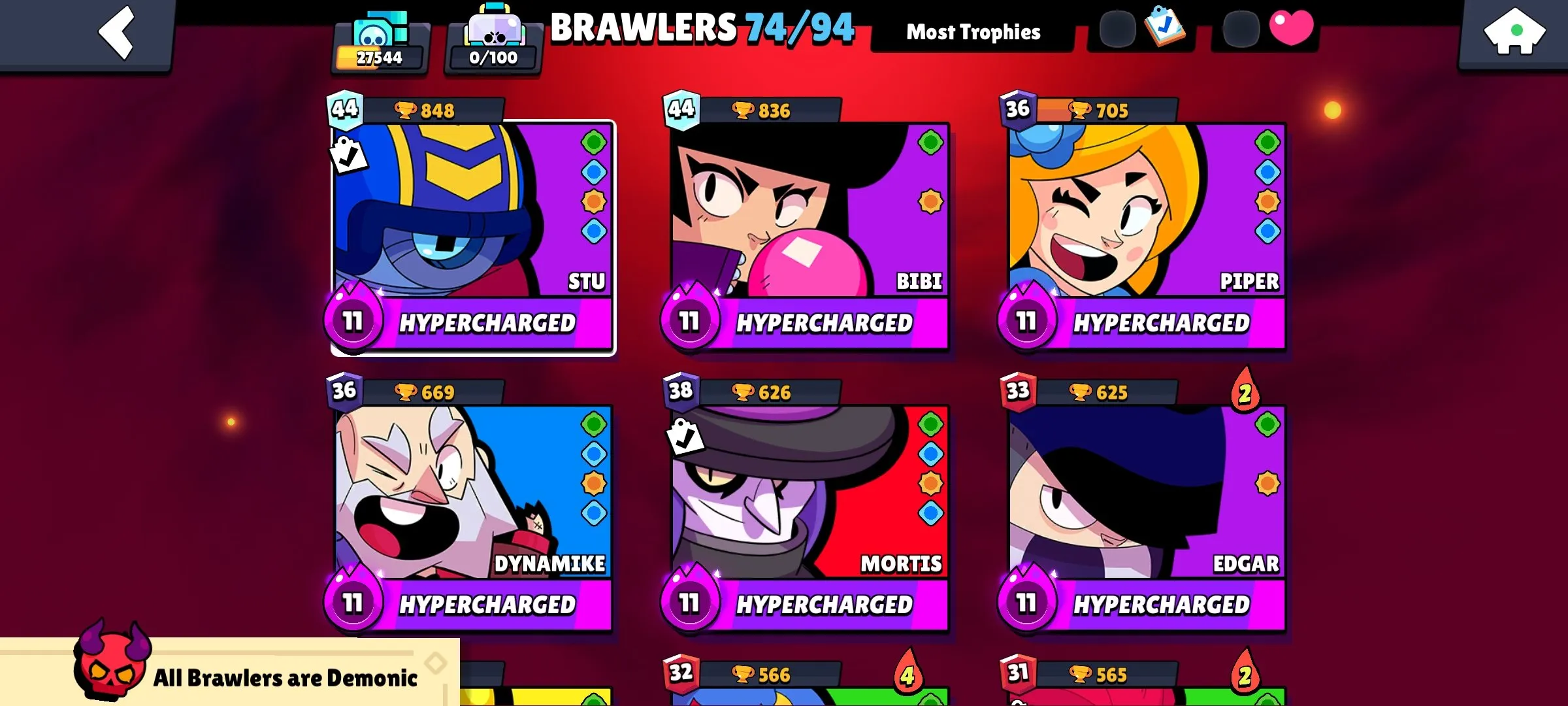 BS1824 //27.5k trophies, 74 brawlers, many hypercharged including Stu, Bibi, Piper, Dynamike, Mortis, Edgar, Surge, Buzz, Fang, Max, lots of rare and exclusive skins, 6k plus blings