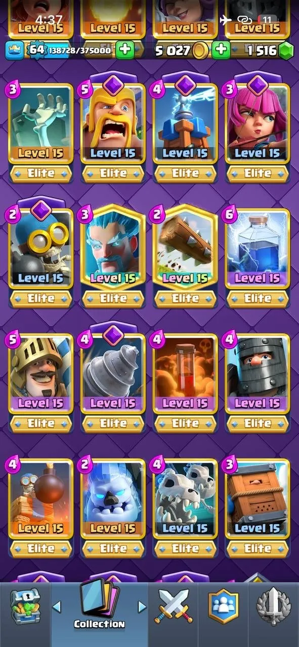 CR436 //Max Level 64, 49 Elite Cards, 24 Evolutions, 183 Emotes, 18 Unique Towers, Max TH15 Clash Village, 121 Unlocked Cards, 67 Level 14 Cards