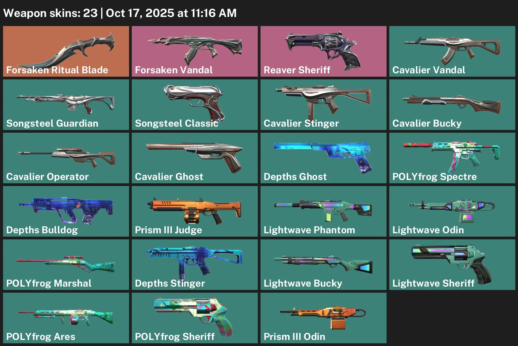 V30 //23 Skins 9 Agents EU Forsaken Ritual Blade Vandal Reaver Sheriff Cavalier POLYfrog Songsteel Lightwave Prism III Depths