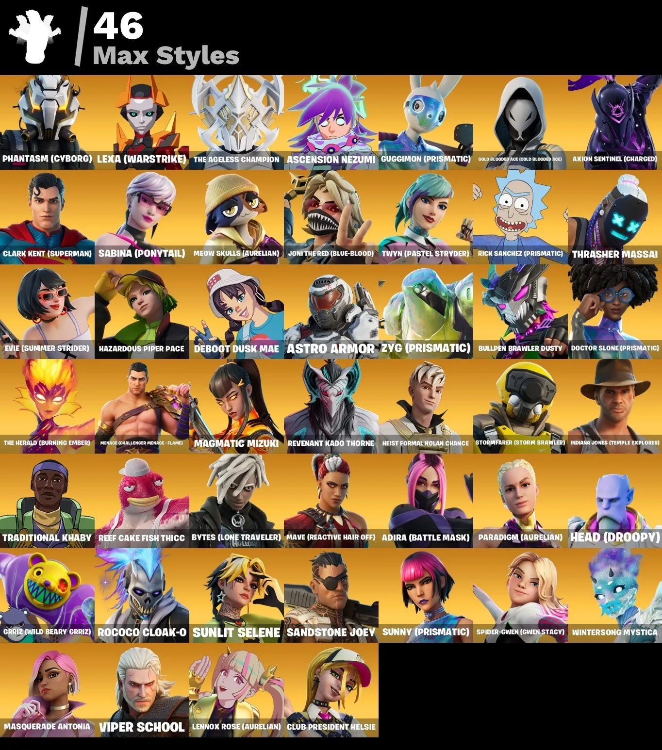 F852 Wildcat, Spider-Gwen, Mandalorian, Predator, Joey, Snap, Spectra Knight, Darth Vader, Ahsoka Tano, 111 Skins (G)