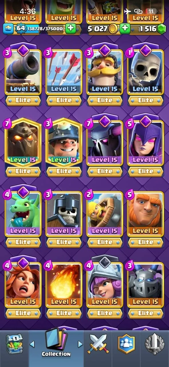 CR436 //Max Level 64, 49 Elite Cards, 24 Evolutions, 183 Emotes, 18 Unique Towers, Max TH15 Clash Village, 121 Unlocked Cards, 67 Level 14 Cards