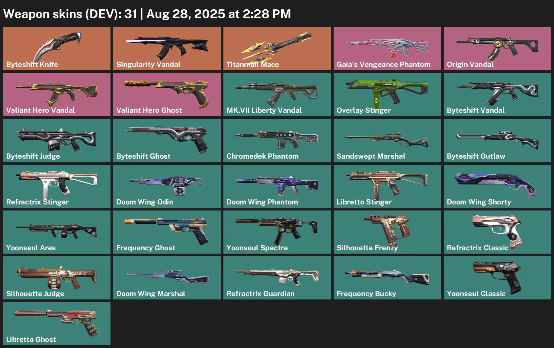 V31 //31 Skins 13 Agents EU Titanium Armor Bulava Singularity Vandal Gaia’s Vengeance Phantom Byteshift Knife Titanmail Mace Origin Vandal Valiant Hero Vandal Valiant Hero Ghost