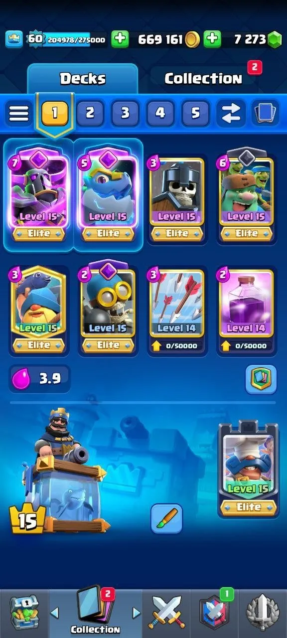 CR445 //Veteran | 9-Year Badge | 107 Max Cards | 16 Elite LV15 | 7 Evolution Cards | Free Name Change | 670K Gold | 7,200 Gems | Arena 15