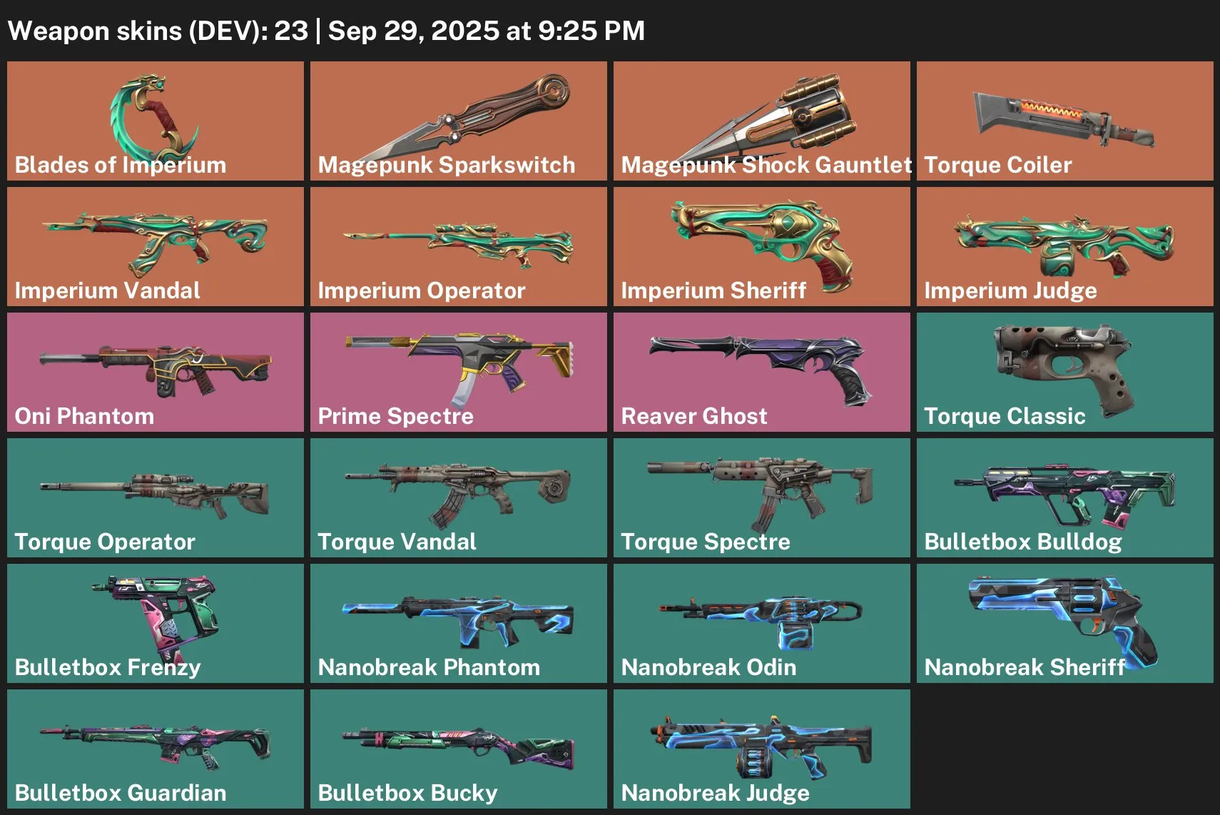 V32 //23 Weapon Skins: Blades of Imperium, Magepunk Sparkswitch, Magepunk Shock Gauntlet, Torque Coiler, Imperium Vandal, Imperium Operator