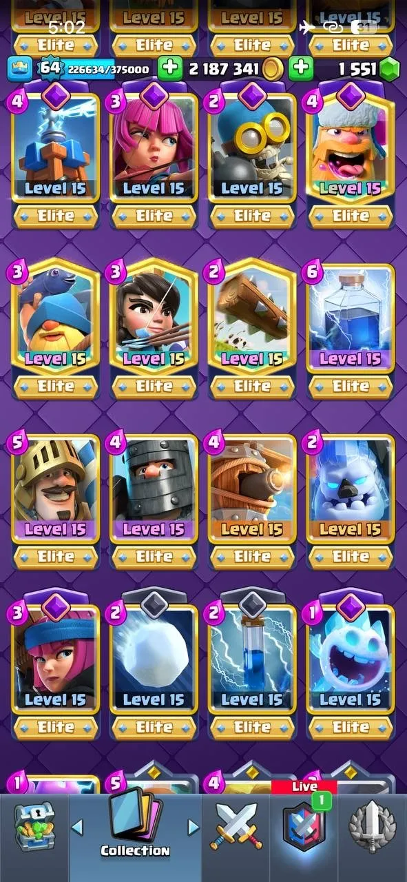 CR439 //Level 64, Arena 23, 121 Cards, 52 Elite, 67 Level 14, 22 Evolution, 110 Emotes, 7 Battle Pass, 28 Tower Skins