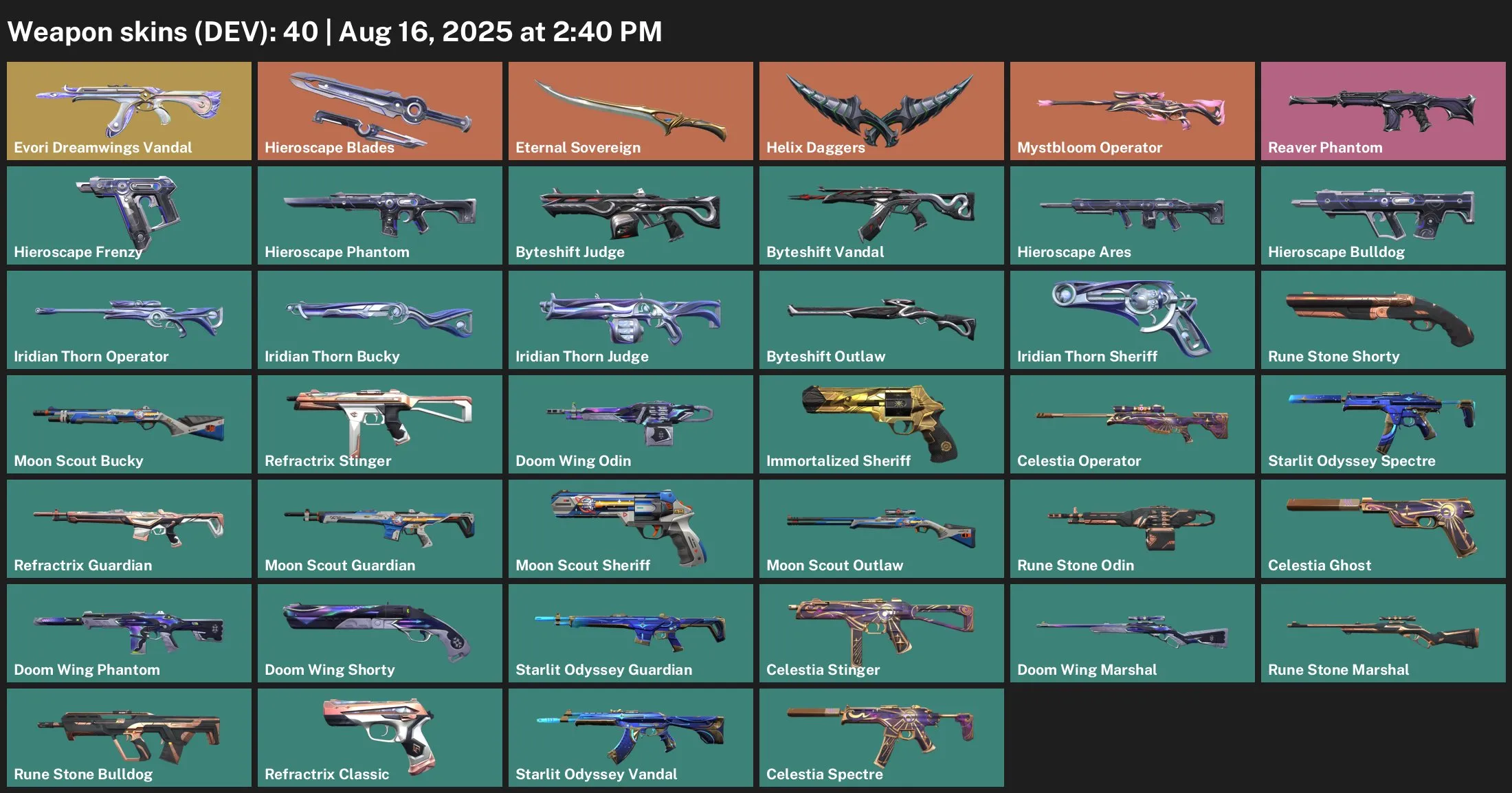 V56 //40 Skins, 22 Agents, Level 122, Evori Dreamwings Vandal, Hieroscape Blades, Eternal Sovereign, Helix Daggers, Mystbloom Operator, Reaver Phantom