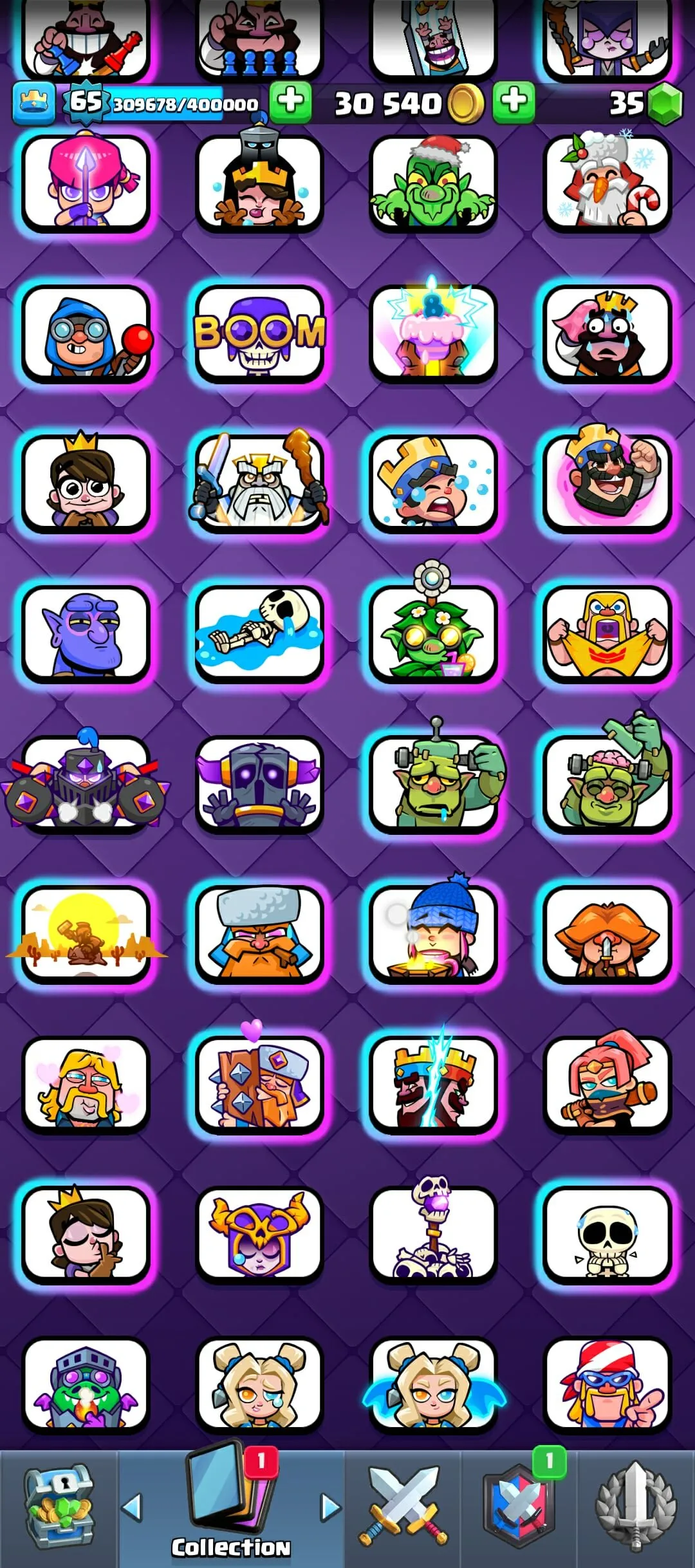 CR433 //16 Evolution Cards, 57 Elite, 113 Max Cards, 199 Emotes, LV65, Arena 65