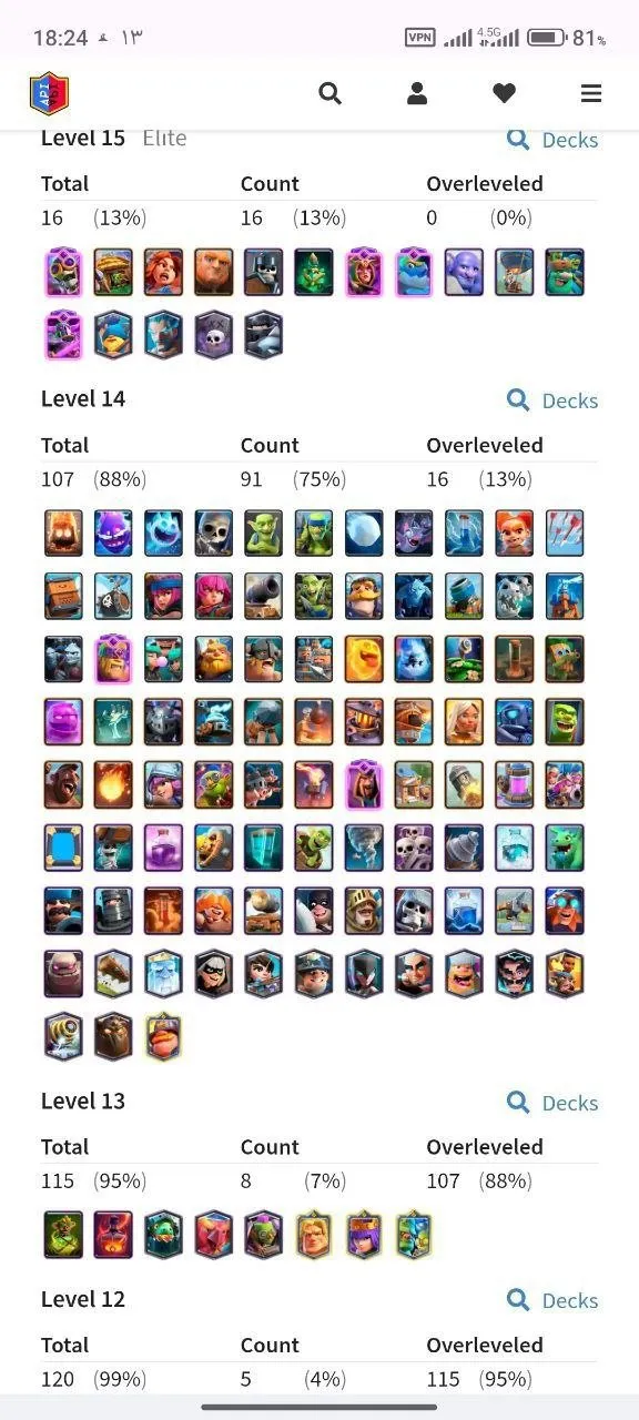 CR445 //Veteran | 9-Year Badge | 107 Max Cards | 16 Elite LV15 | 7 Evolution Cards | Free Name Change | 670K Gold | 7,200 Gems | Arena 15