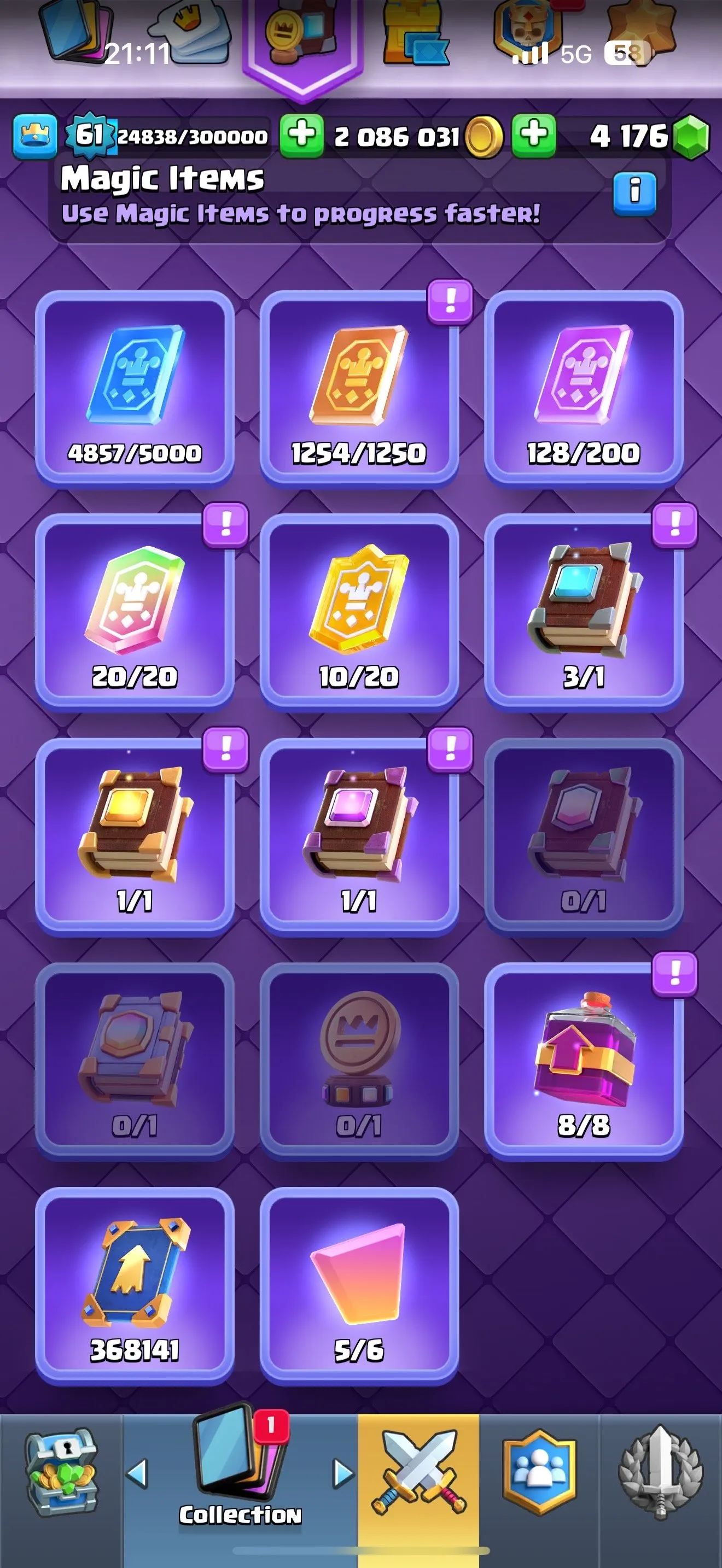 CR442 //Level 61 Account with 120 Cards, 21 Legendary, 19 Evolution Cards, Level 15 and 14 Cards, 368K EWC, 4,176 Gems, 10K+ Trophies, Arena 24, Name Change Available