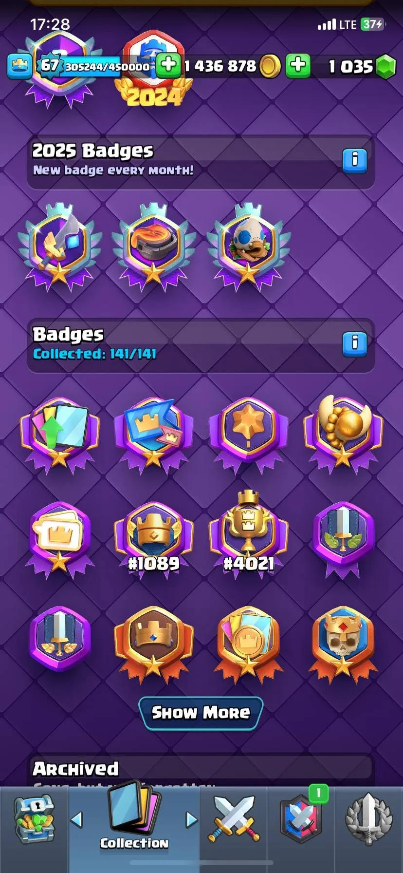 CR424 //Top Account | Level 67 | 18 Evolutions | 72 Cards Level 15 | 121 Cards Unlocked | Ultimate Champion