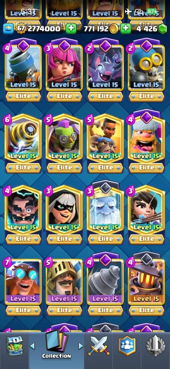 CR435 //Full Elite Max Account | 68 Elite Cards | 24 Evolution | 55 Level 14 Cards | 145 Emotes | All Magic Items Unlocked