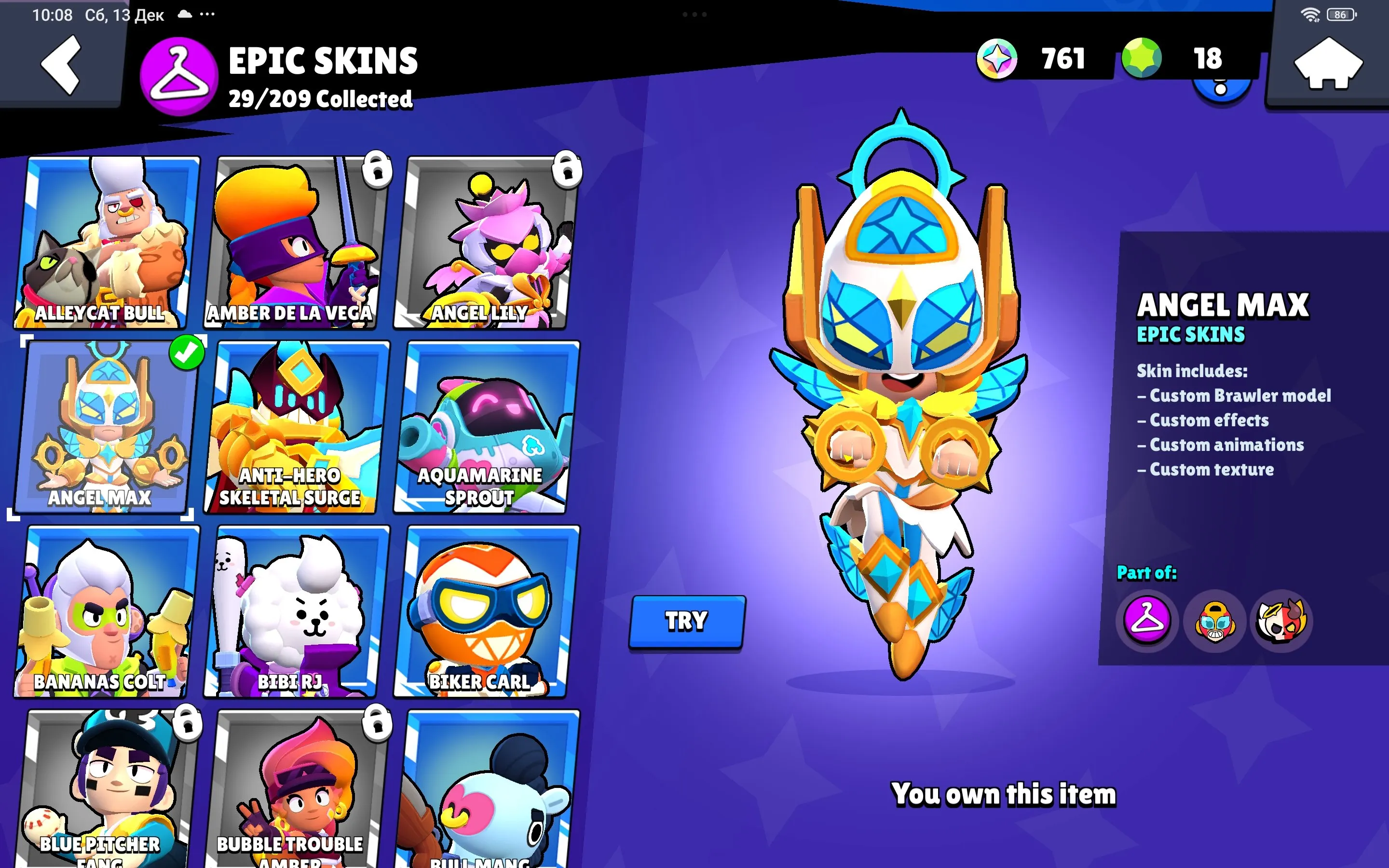 BS1765 //16k Trophies 57 Brawlers 92 Skins 16 Hypercharge Angel Max Robo Mike Balloon Sally Scarecrow Gigi Radiant Mecha Leon Phoenix Crow