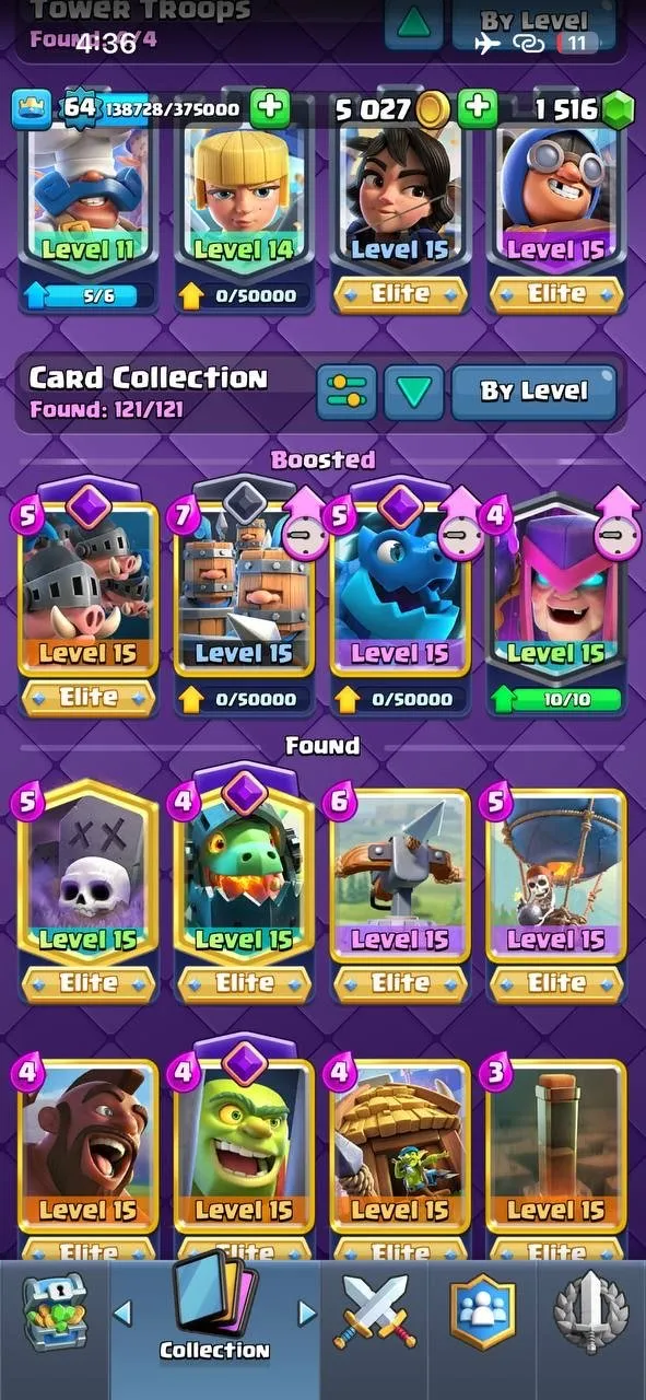 CR436 //Max Level 64, 49 Elite Cards, 24 Evolutions, 183 Emotes, 18 Unique Towers, Max TH15 Clash Village, 121 Unlocked Cards, 67 Level 14 Cards
