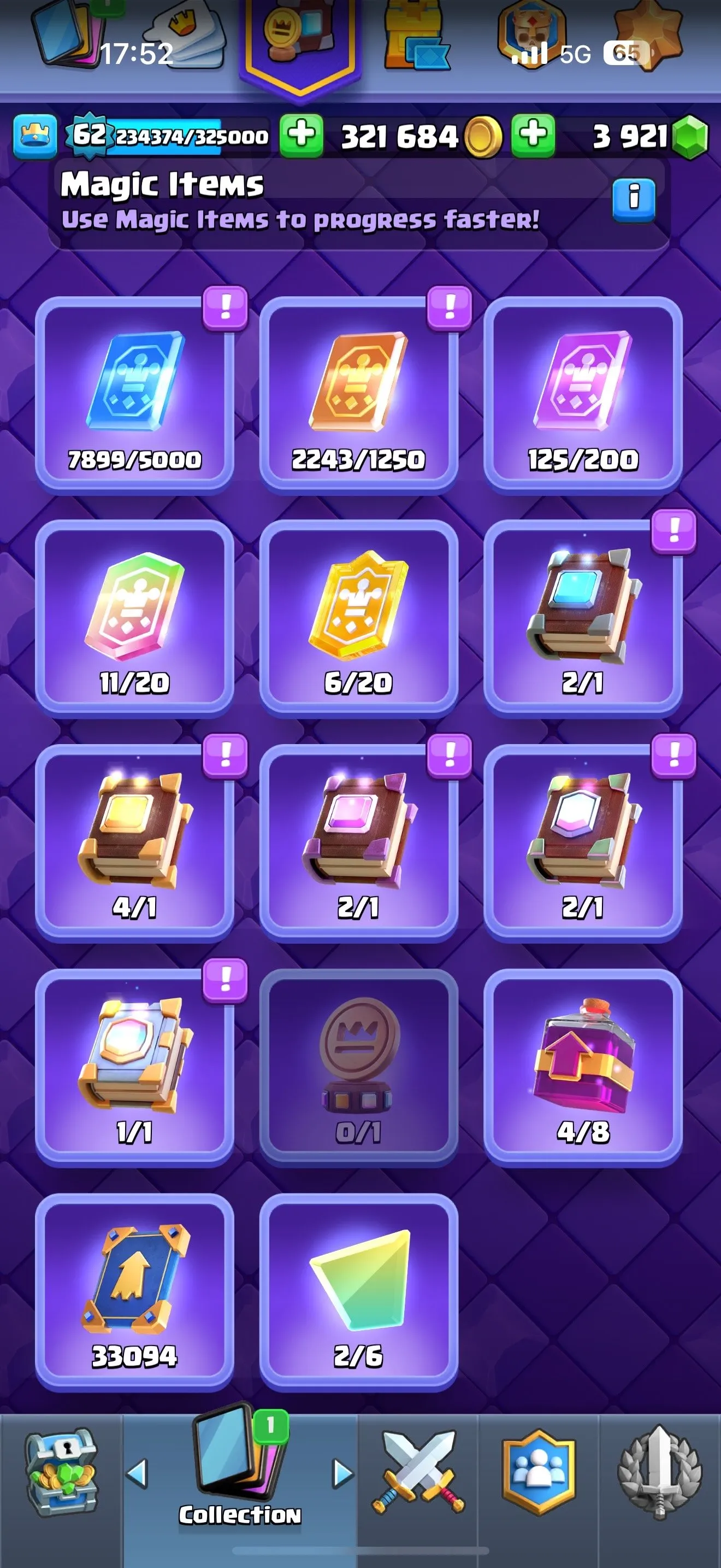 CR434 //9500 Trophies | Level 62 | 30 Evolution Cards | Pass Royale | Full Books | 3921 Gems | 39 Level 15 Cards | 41 Level 14 Cards | Arena 24 | 121 Emotes | Tower Skins Collection