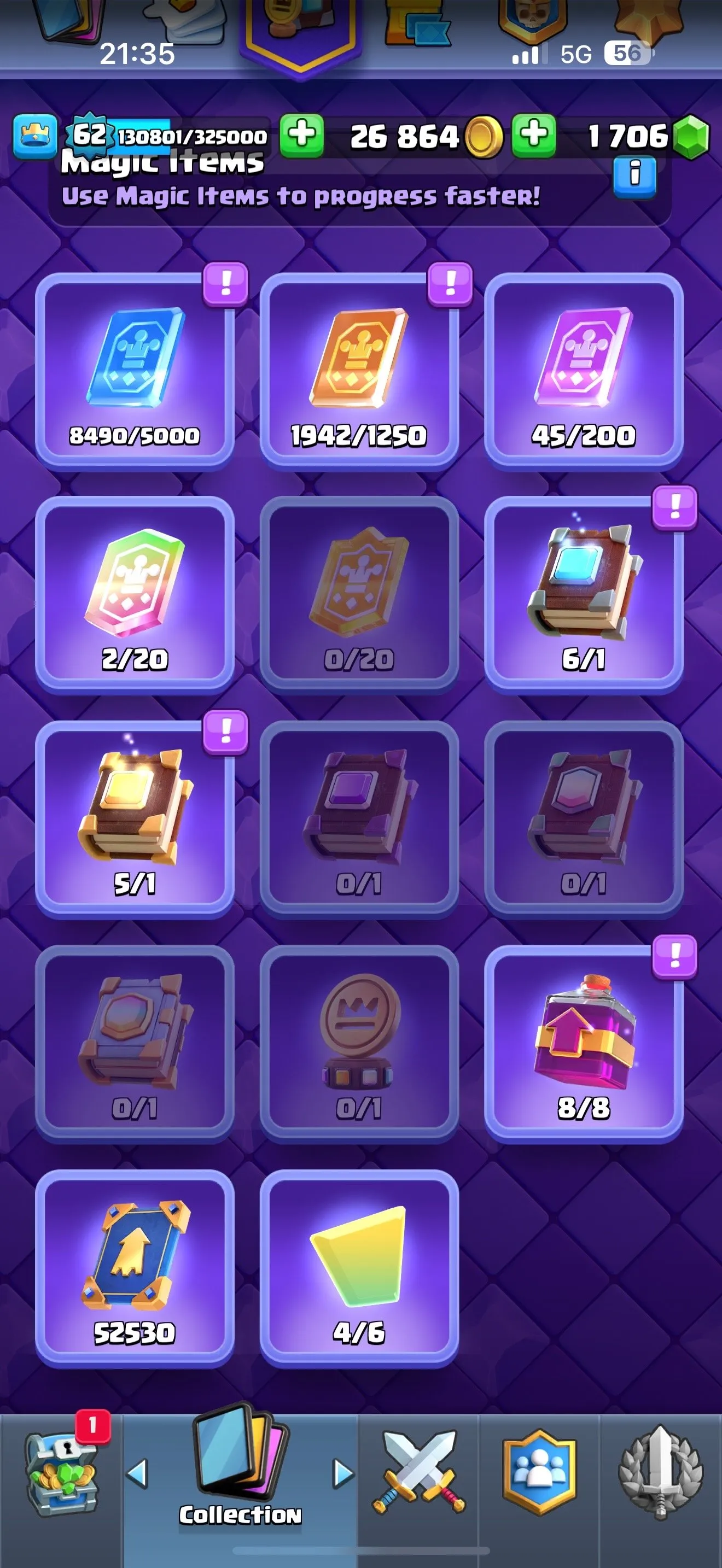 CR443 //36 Max Level Cards, 19 Evolutions, 131 Emotes, 10+ Tower Skins, 62 Account Level, 52K EWC, 1706 Gems