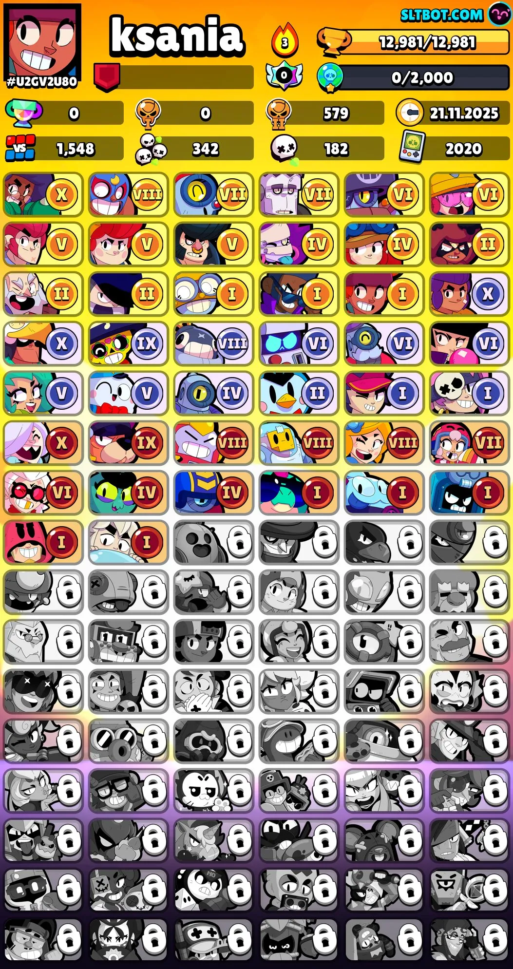 BS1693 //2020 Account 12981 Trophies, 44 Brawlers, 17 Skins, Santamike, Volt Lighter, Mega Box Darryl, Sigma Pin, 9 Gems, Power 6–9