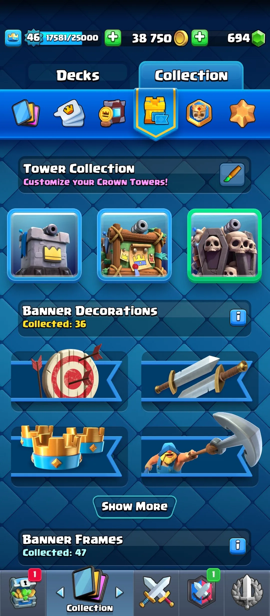 CR624 King Level 46 Arena 24 9700 Trophies 119 Cards 8 Evo 29 Pins Min Deck LVL 14 Max Deck LVL 15 Name Change Free 33k Best Seasons