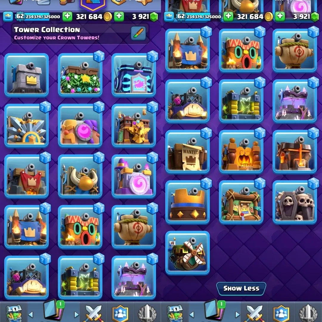 CR434 //9500 Trophies | Level 62 | 30 Evolution Cards | Pass Royale | Full Books | 3921 Gems | 39 Level 15 Cards | 41 Level 14 Cards | Arena 24 | 121 Emotes | Tower Skins Collection