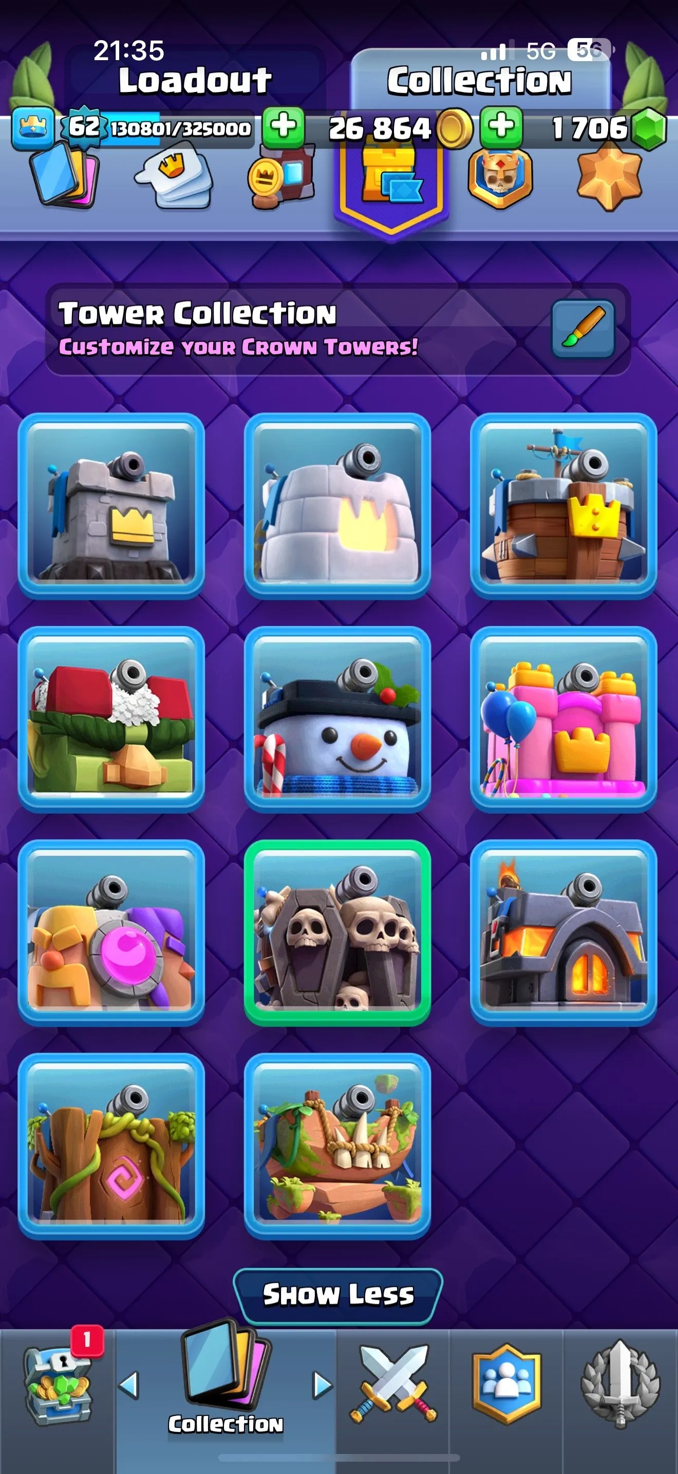 CR443 //36 Max Level Cards, 19 Evolutions, 131 Emotes, 10+ Tower Skins, 62 Account Level, 52K EWC, 1706 Gems