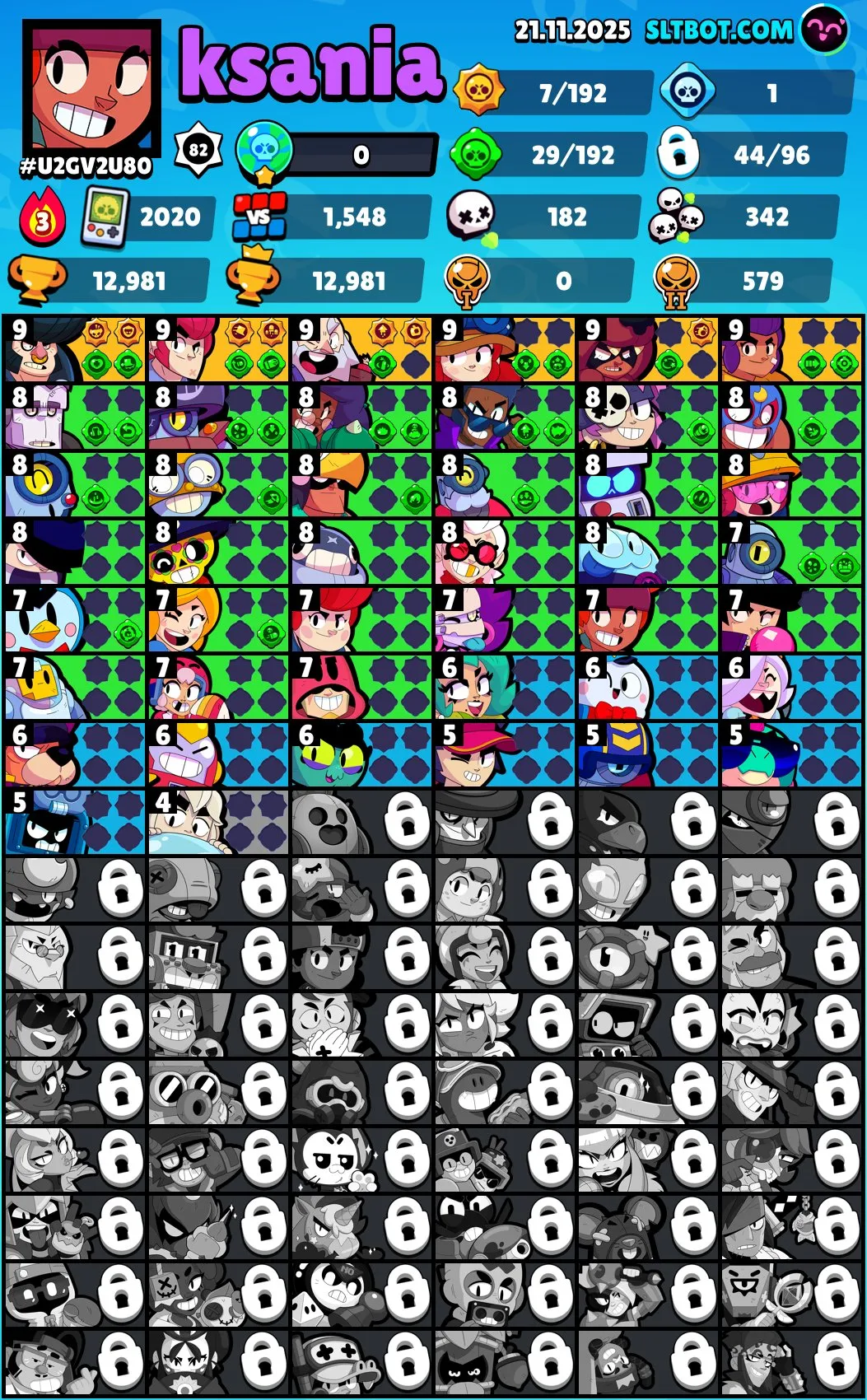 BS1693 //2020 Account 12981 Trophies, 44 Brawlers, 17 Skins, Santamike, Volt Lighter, Mega Box Darryl, Sigma Pin, 9 Gems, Power 6–9