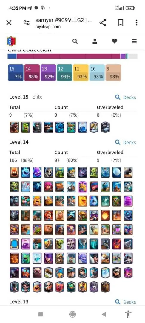 CR464 //KT 15 - LV 58 - 106 Max Cards - 9 Elite Cards - 9400 Trophies - 118 Cards - 8959 Gems - Arena 24