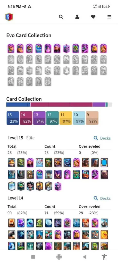 CR453 //Level 61, King Tower 15, 18 Evolution Cards, 28 Elite Cards, 99 Max Cards, 12000 Trophies, All 121 Cards Unlocked, 1019 Gems
