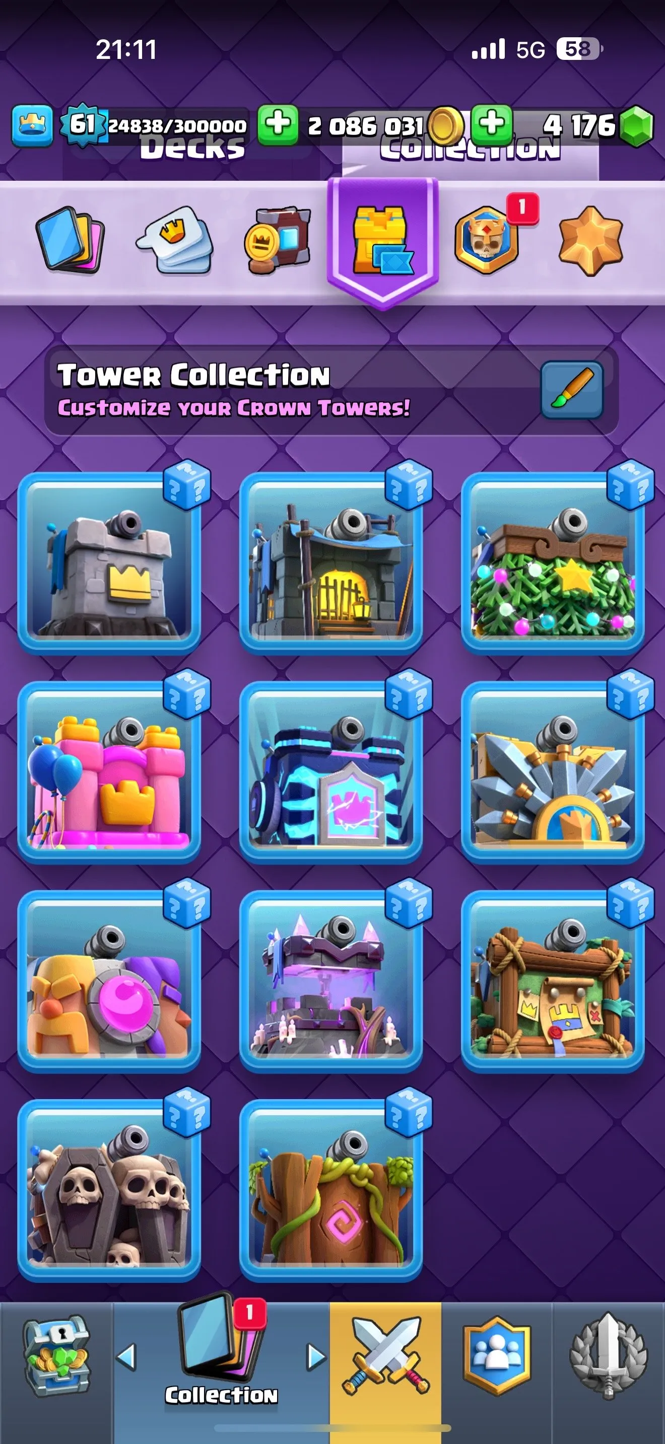 CR442 //Level 61 Account with 120 Cards, 21 Legendary, 19 Evolution Cards, Level 15 and 14 Cards, 368K EWC, 4,176 Gems, 10K+ Trophies, Arena 24, Name Change Available