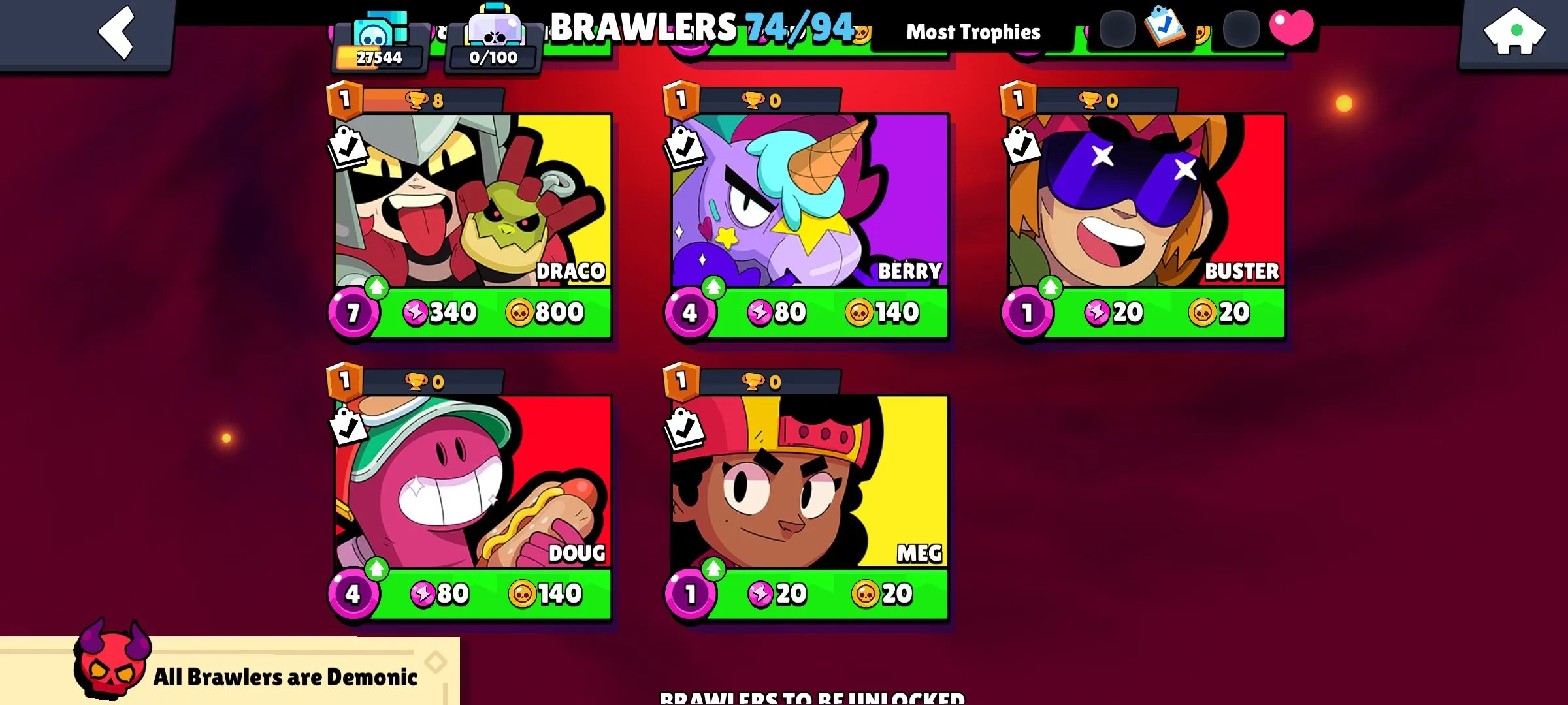 BS1824 //27.5k trophies, 74 brawlers, many hypercharged including Stu, Bibi, Piper, Dynamike, Mortis, Edgar, Surge, Buzz, Fang, Max, lots of rare and exclusive skins, 6k plus blings