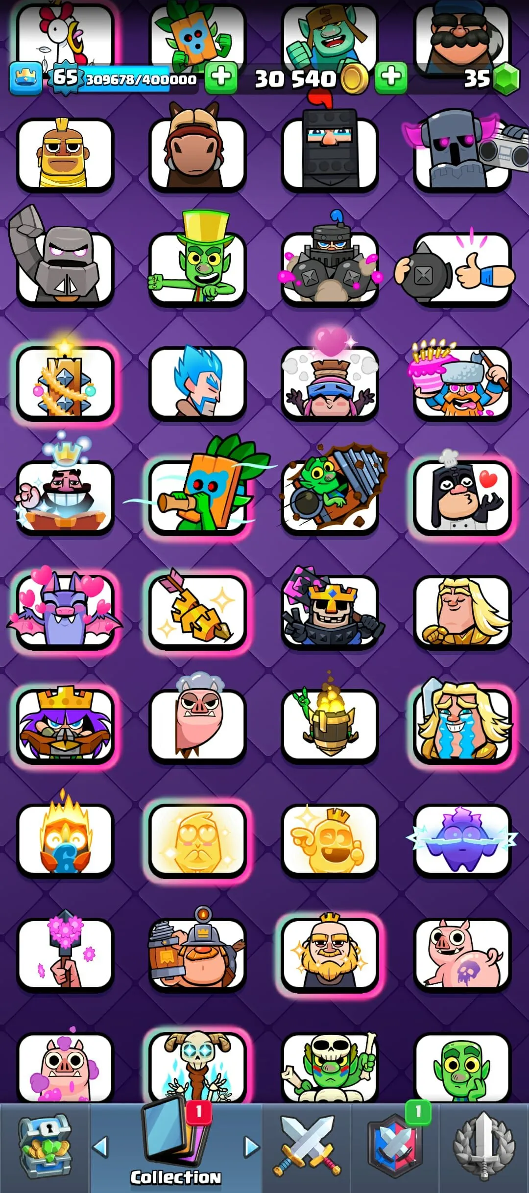 CR433 //16 Evolution Cards, 57 Elite, 113 Max Cards, 199 Emotes, LV65, Arena 65